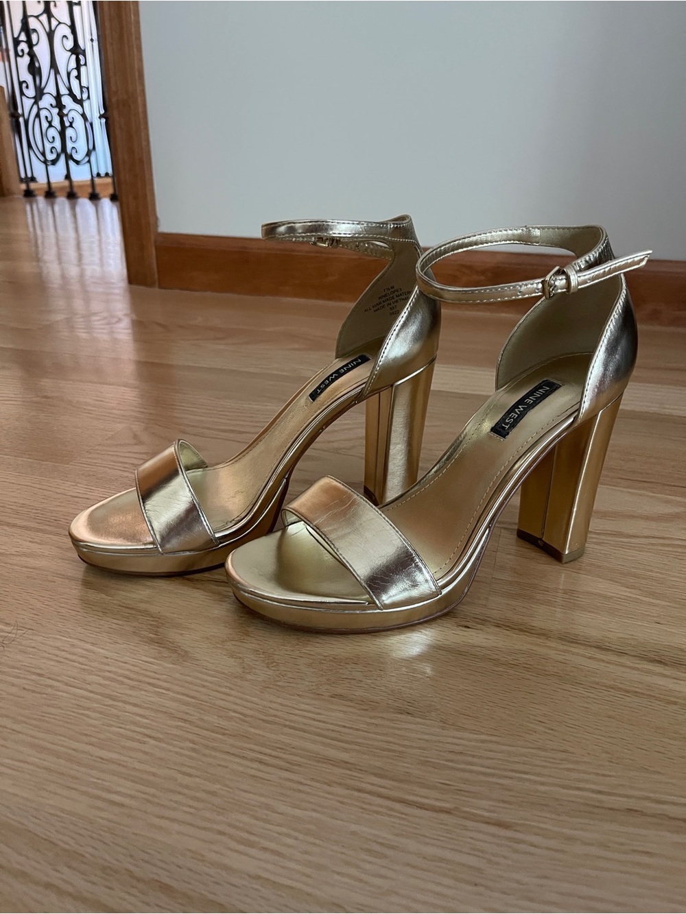 Nine West Metallic Gold Ankle-Strap Block Heels